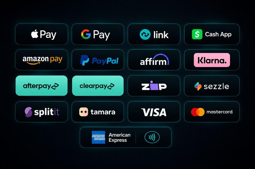 Payment methods that may appear at TicketLater checkout, including Apple Pay, Google Pay, Link, PayPal, Visa, Mastercard, American Express, and buy now pay later brands such as Klarna, Affirm, Afterpay, Clearpay, and others. Availability depends on your order and region.